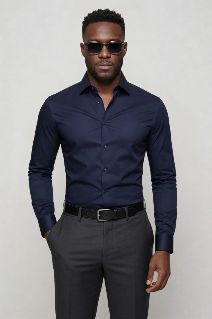 navy blue dress shirt and black pants Men’s Stretch Dress Shirt – Performance Cotton Blend, Wrinkle-Resistant, Breathable Button-Down for Work & Casual