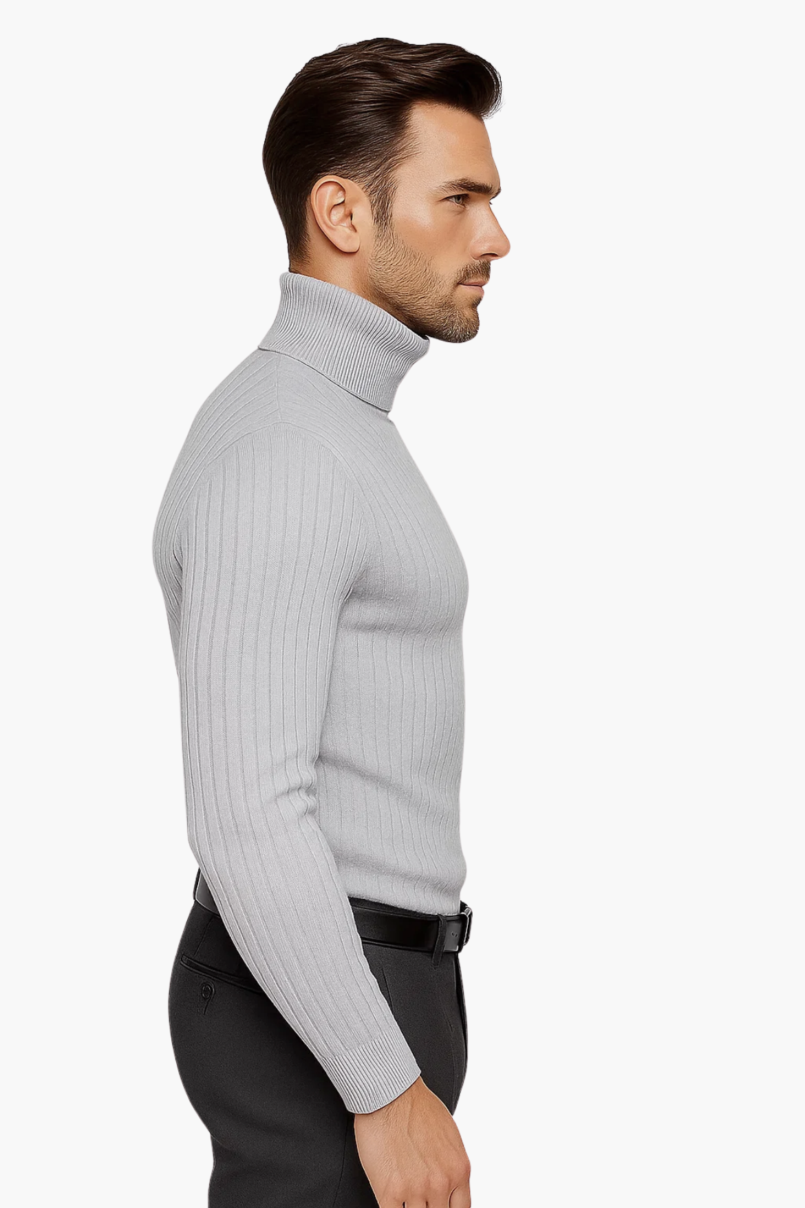 Man wearing a light gray turtleneck sweater and dark pants on a white background