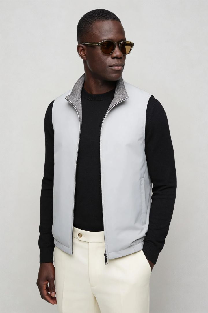 Lavencio Men’s slim fit reversible lightweight zip vest for smart casual layering gray side