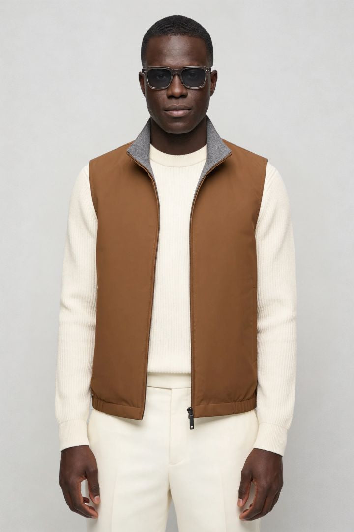 Men’s slim fit reversible lightweight zip vest for smart casual layering brown Lavencio