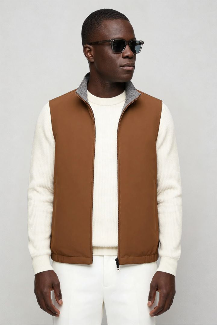 Men’s slim fit reversible lightweight zip vest for smart casual layering brown