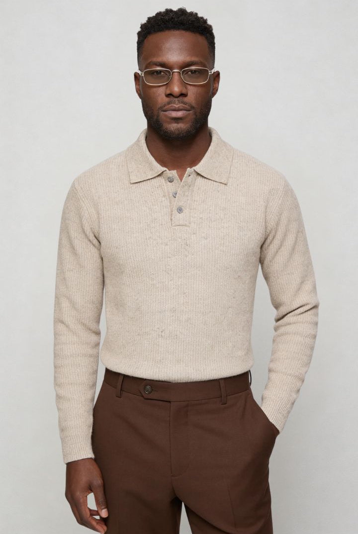 Men’s slim fit long sleeve knit polo with textured fabric and modern collar