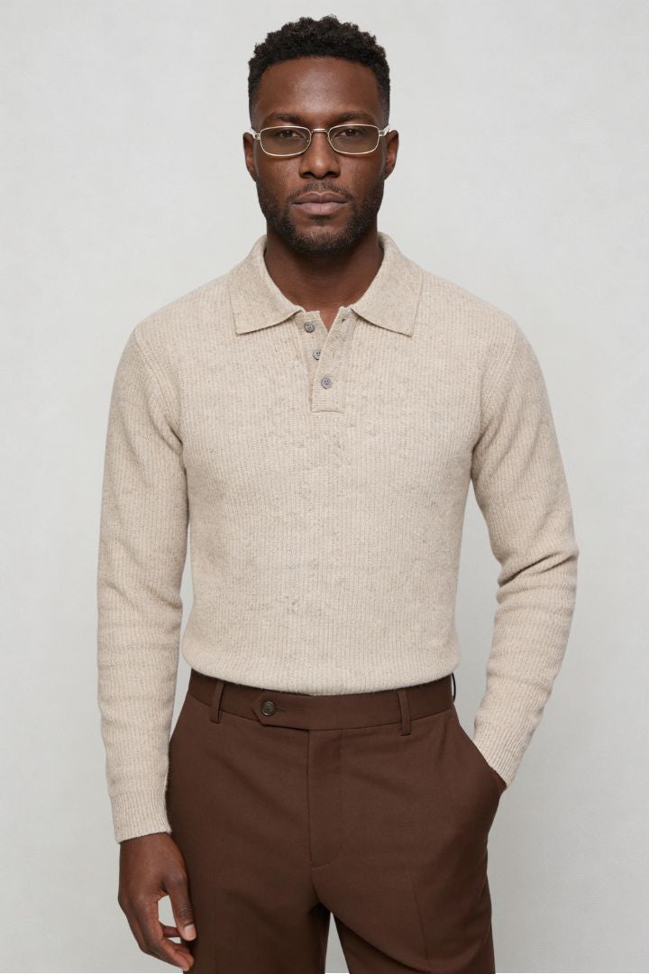 Men’s slim fit long sleeve knit polo with textured fabric and modern collar