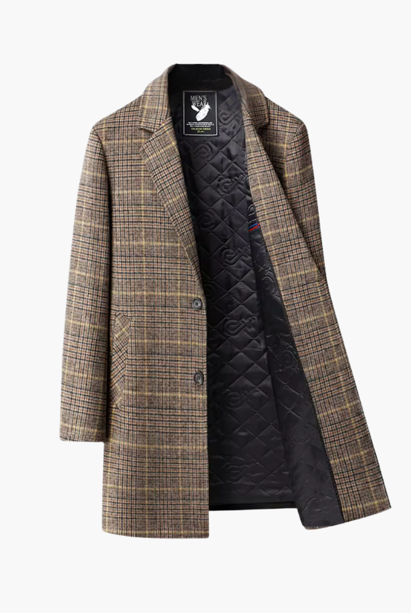 Plaid coat with quilted black lining on a white background