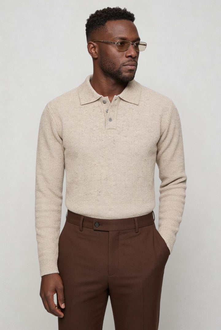 Men’s slim fit long sleeve knit polo with textured fabric and modern collar side
