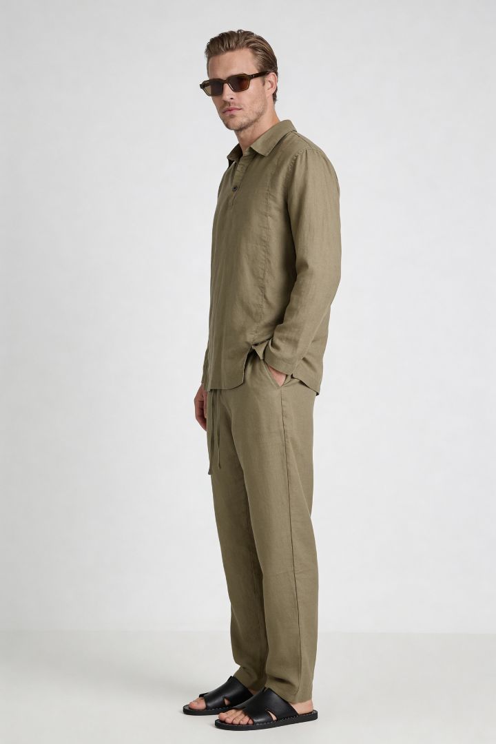 Lavencio Men’s sandstone khaki linen polo shirt and linen pants summer outfit set with relaxed tailored fit