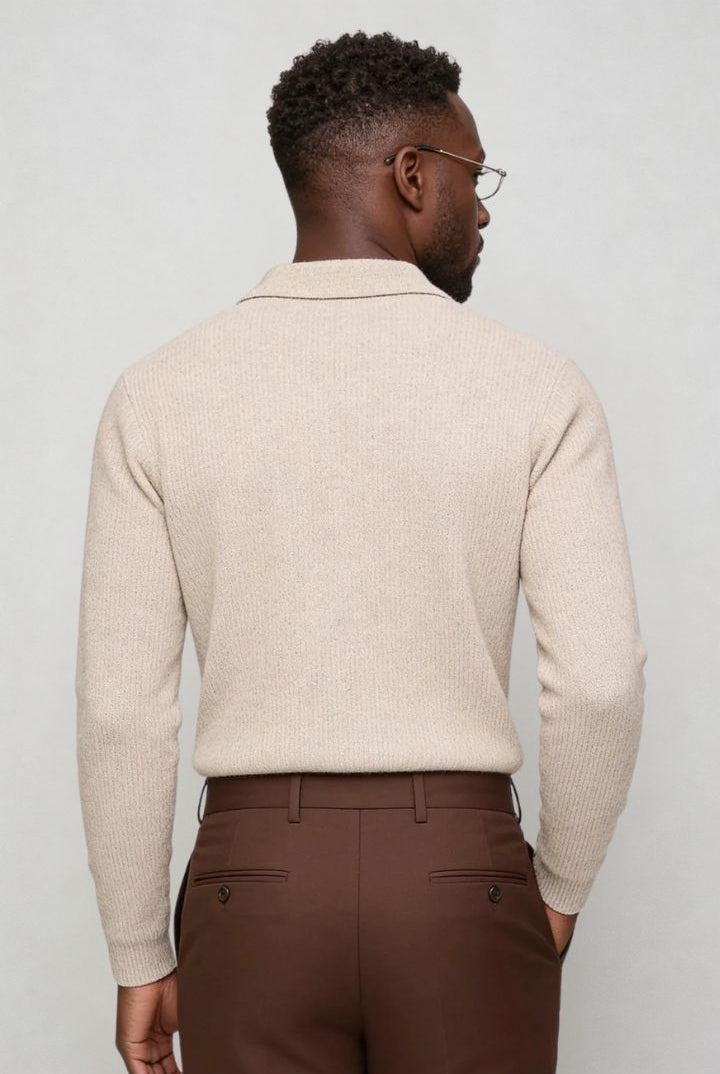 Men’s slim fit long sleeve knit polo with textured fabric and modern collar back