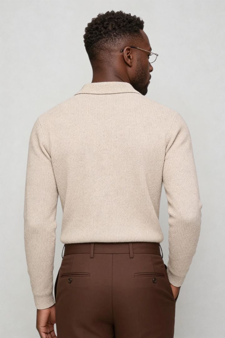 Men’s slim fit long sleeve knit polo with textured fabric and modern collar back
