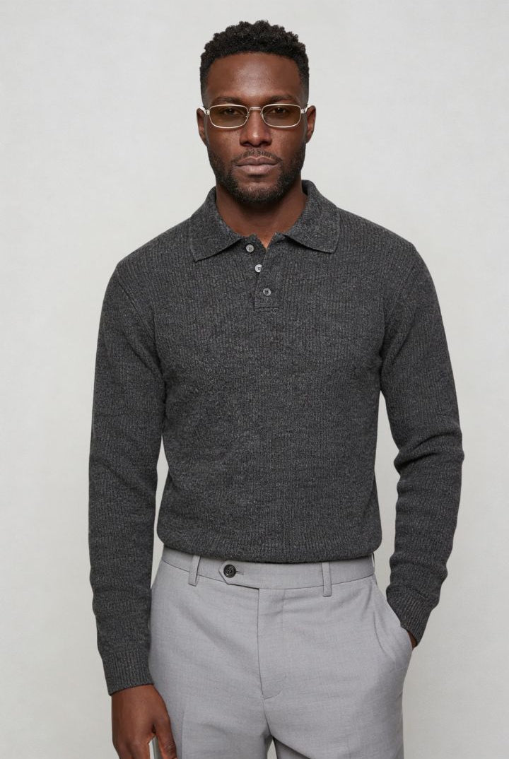 Men’s slim fit long sleeve knit polo with textured fabric and modern collar gray