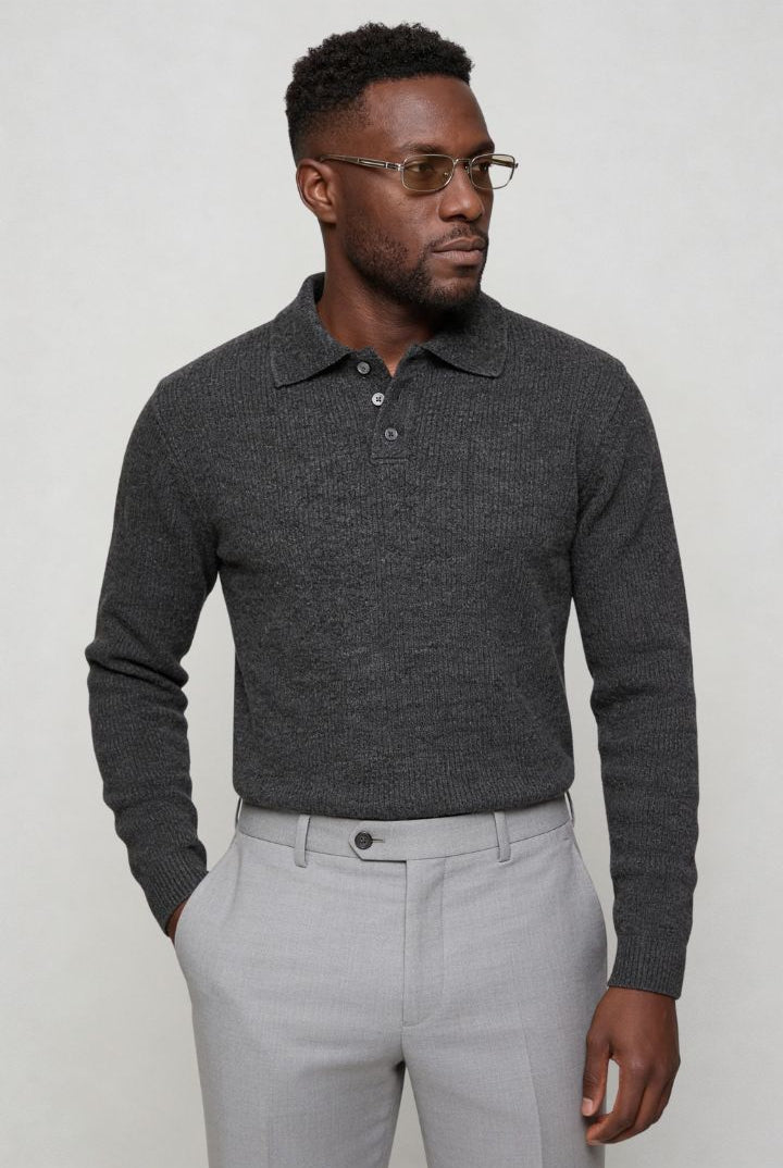 Men’s slim fit long sleeve knit polo with textured fabric and modern collar gray side