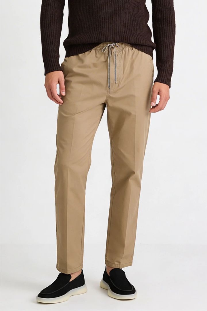Men’s Desert Beige Cotton Drawstring Trousers – front view, breathable cotton comfort