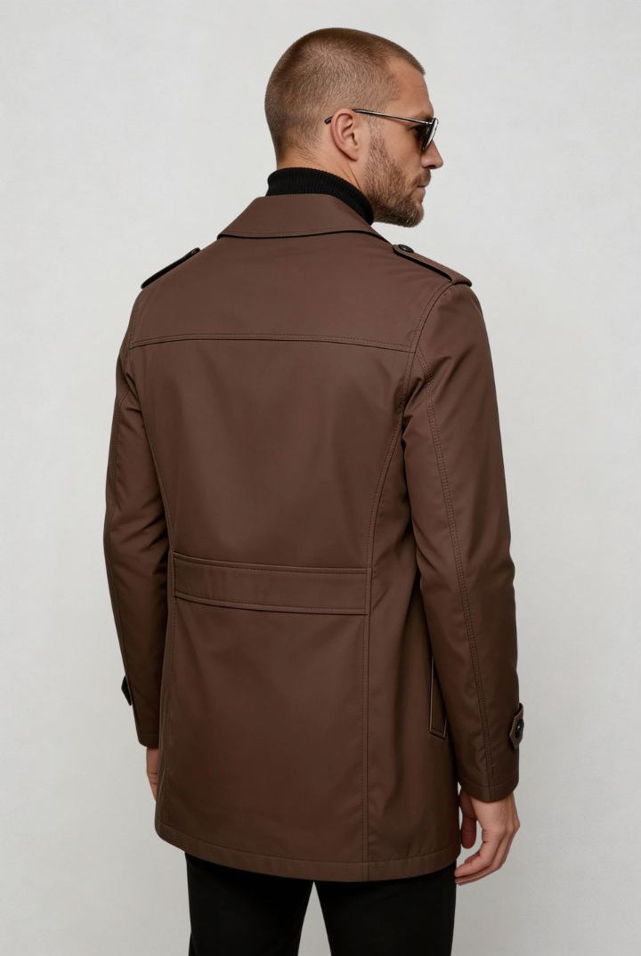 men’s brown mid-length tailored coat smart casual trench jacket structured fit back view