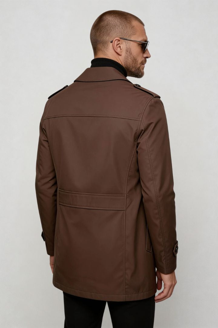 men’s brown mid-length tailored coat smart casual trench jacket structured fit back view