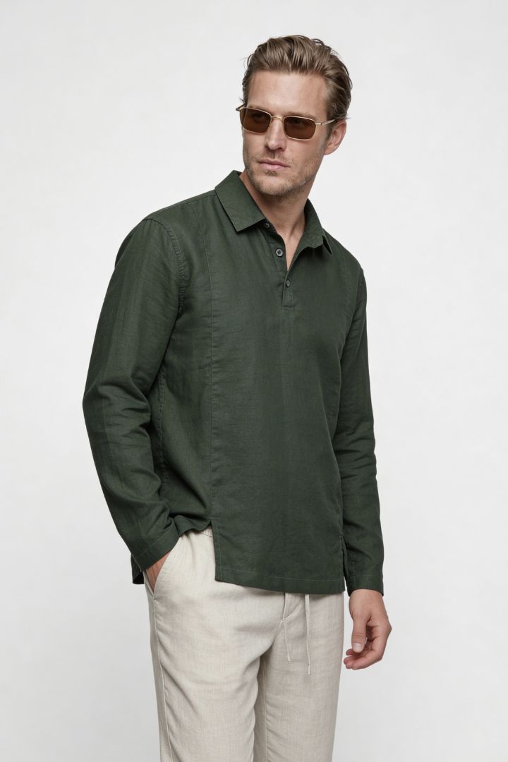 Men’s forest green linen polo shirt and linen pants summer outfit set with relaxed tailored fit front view