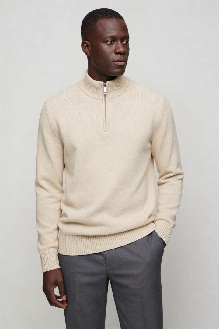 Modal Wool Quarter Zip Sweater - Beige