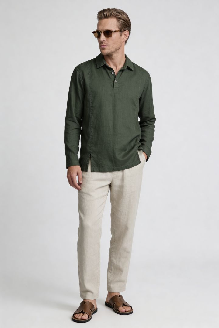 Lavencio Men’s forest green linen polo shirt and linen pants summer outfit set with relaxed tailored fit