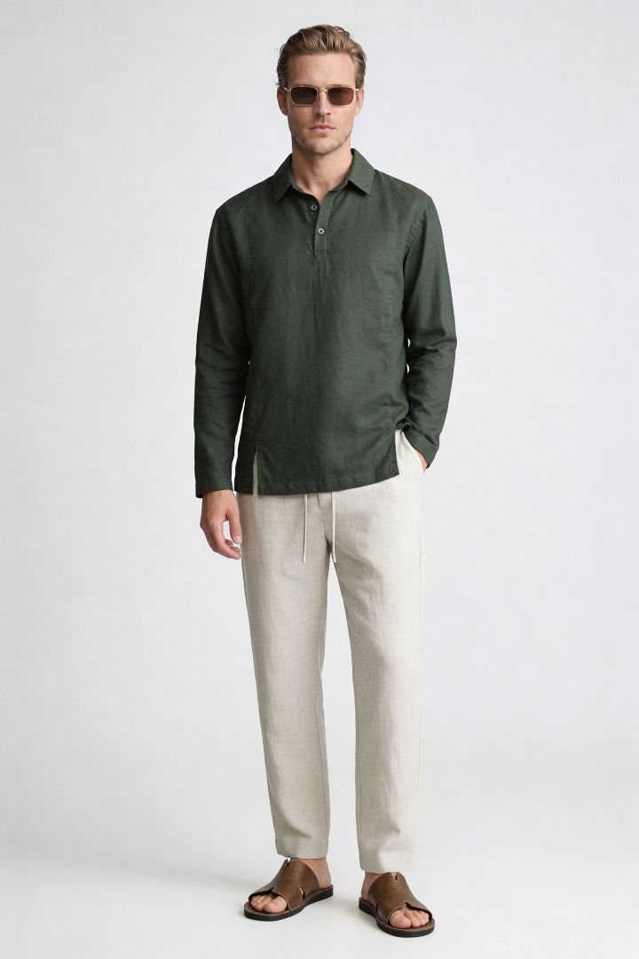 Men’s forest green linen polo shirt and linen pants summer outfit set with relaxed tailored fit full Lavencio Outfit
