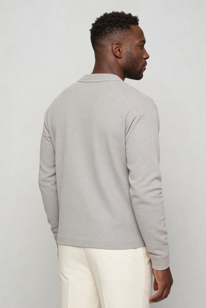 Men’s slim fit long sleeve henley shirt in cotton waffle knit texture back