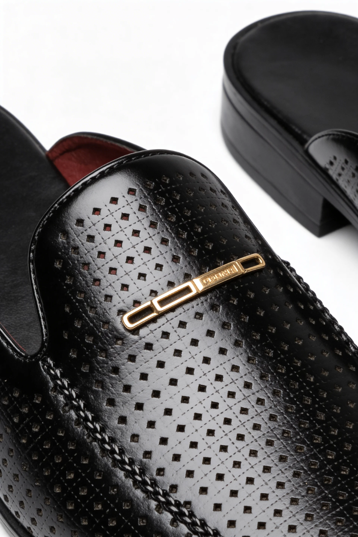 Anson Perforated Loafer Mule - Black