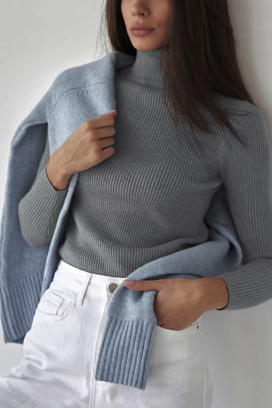 Grey ribbed turtleneck women’s sweater, long sleeve slim fit