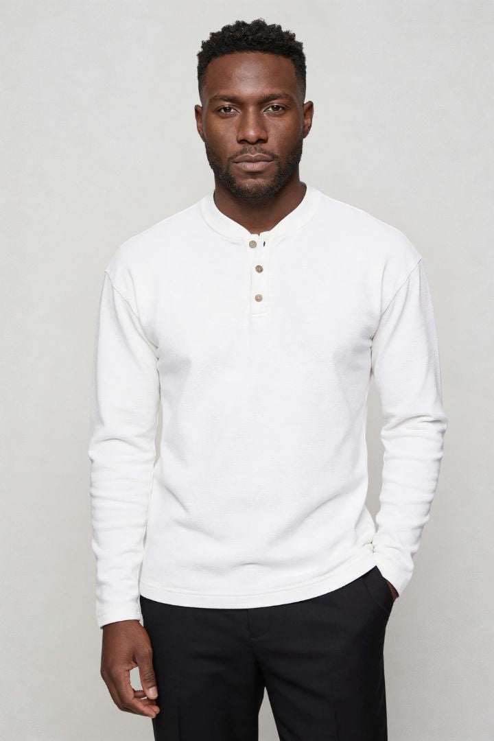 Men’s slim fit long sleeve henley shirt in cotton waffle knit texture