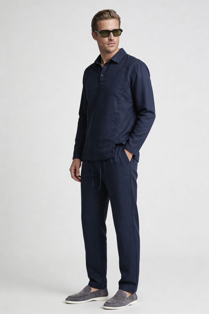 Men’s navy linen polo shirt and linen pants summer outfit set with relaxed tailored fit full outfit