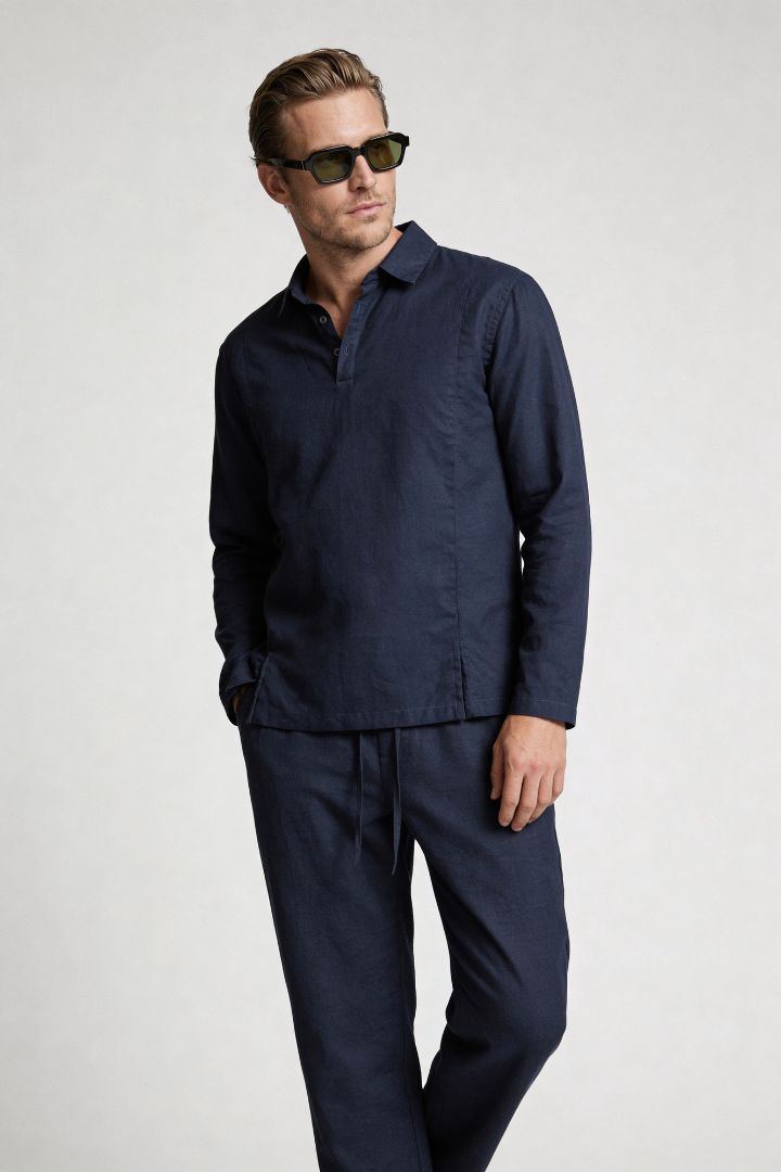 LavencioMen’s navy linen polo shirt and linen pants summer outfit set with relaxed tailored fit pose