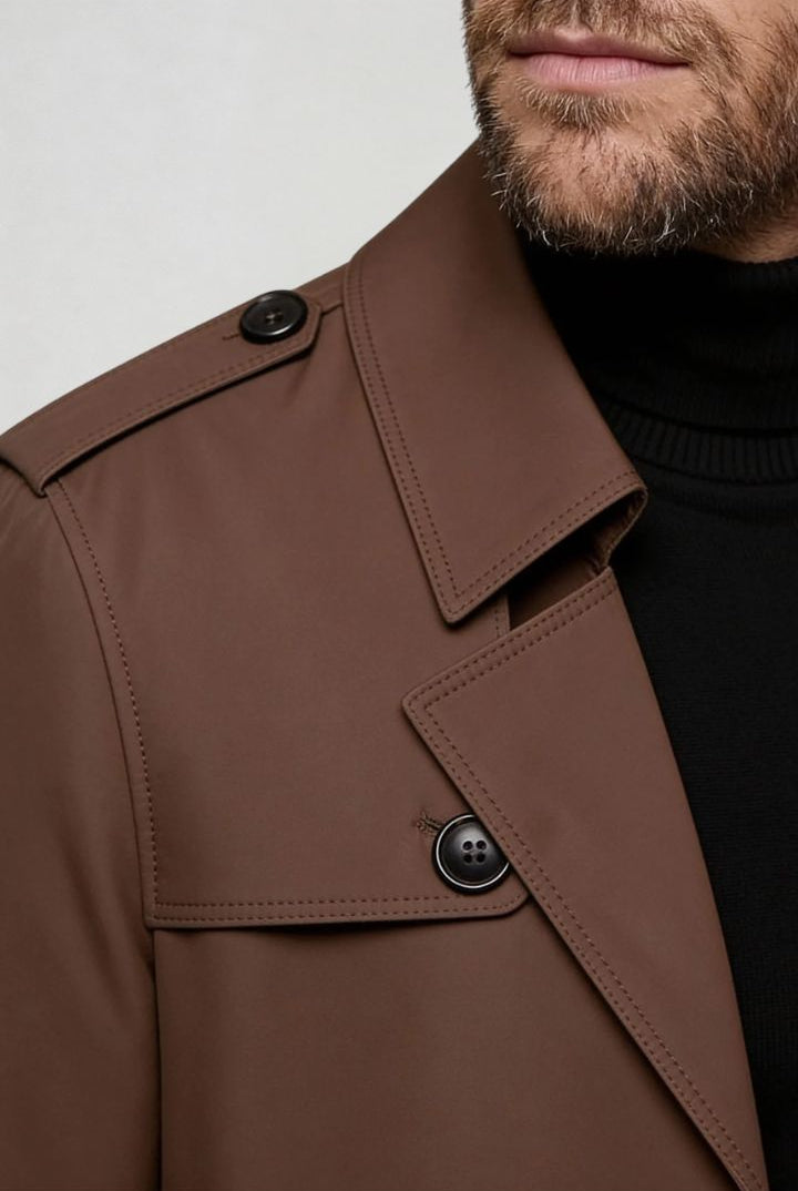 men’s brown mid-length tailored coat smart casual trench jacket structured fit close-up