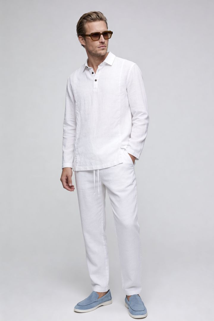Lavencio Men’s white linen polo shirt and linen pants summer outfit set with relaxed tailored fit