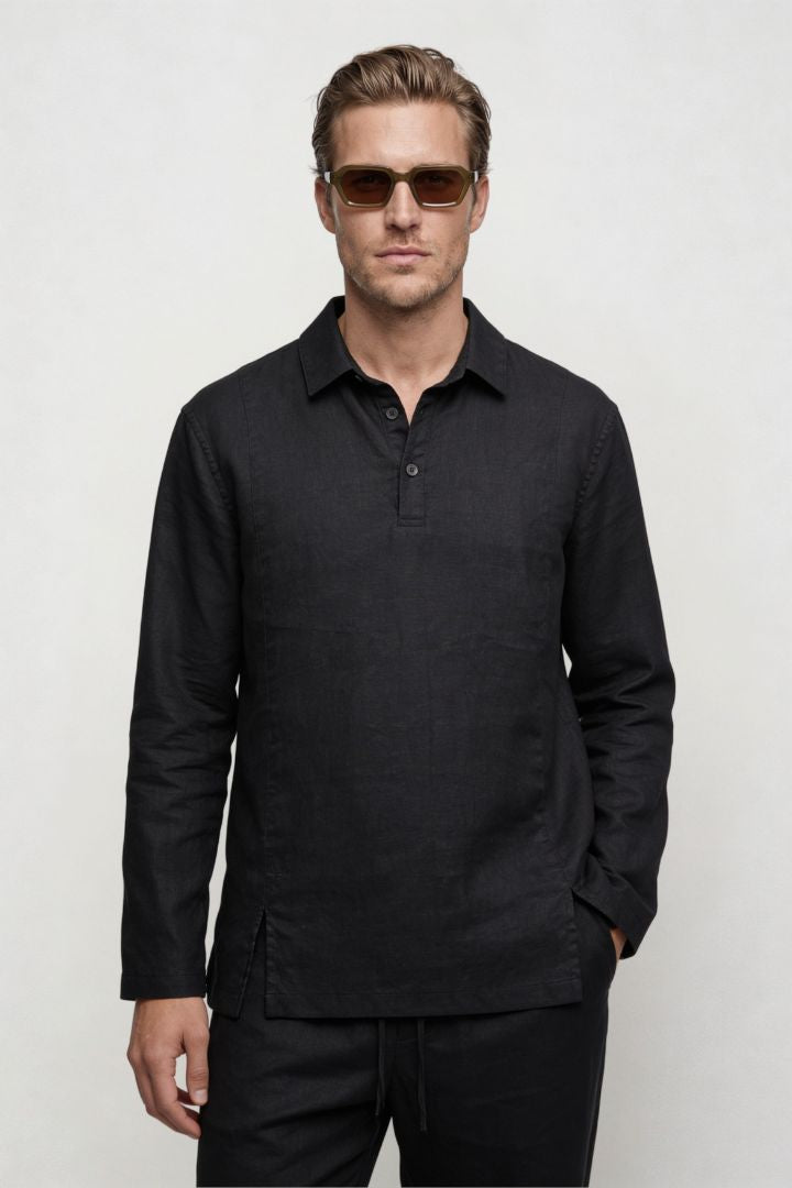 Men’s black linen polo shirt and linen pants summer outfit set with relaxed tailored fit