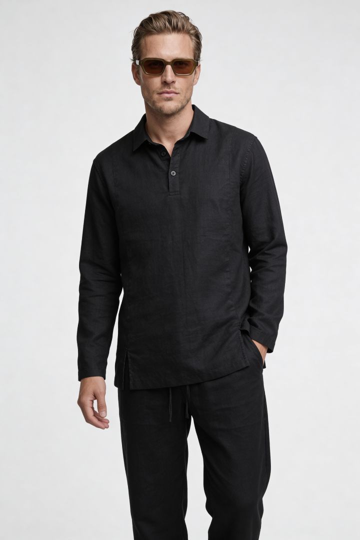 Men’s black linen polo shirt and linen pants summer outfit set with relaxed tailored fit front view