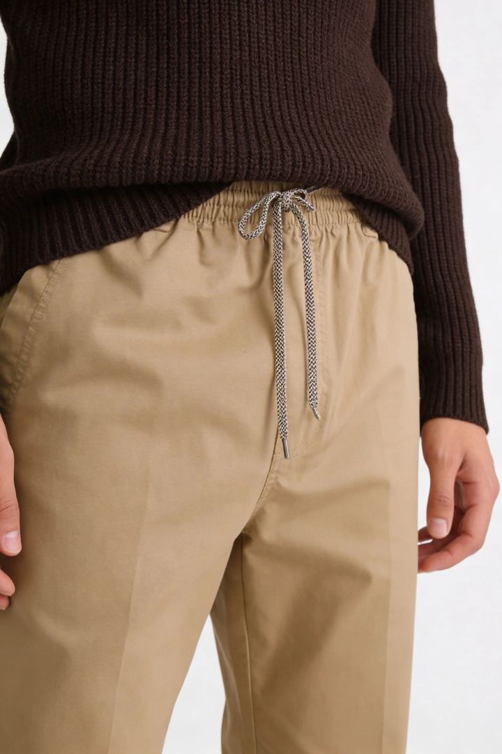 Men’s Desert Beige Cotton Drawstring Trousers – close-up view, breathable cotton comfort