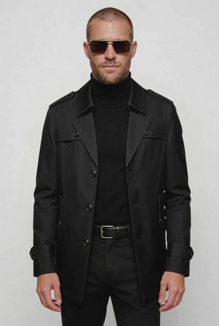 men’s black mid-length tailored coat smart casual trench jacket structured fit