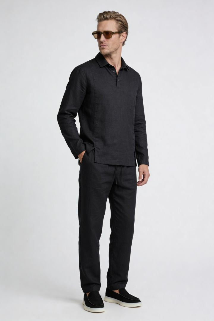 Men’s black linen polo shirt and linen pants summer outfit set with relaxed tailored fit Lavencio outfit