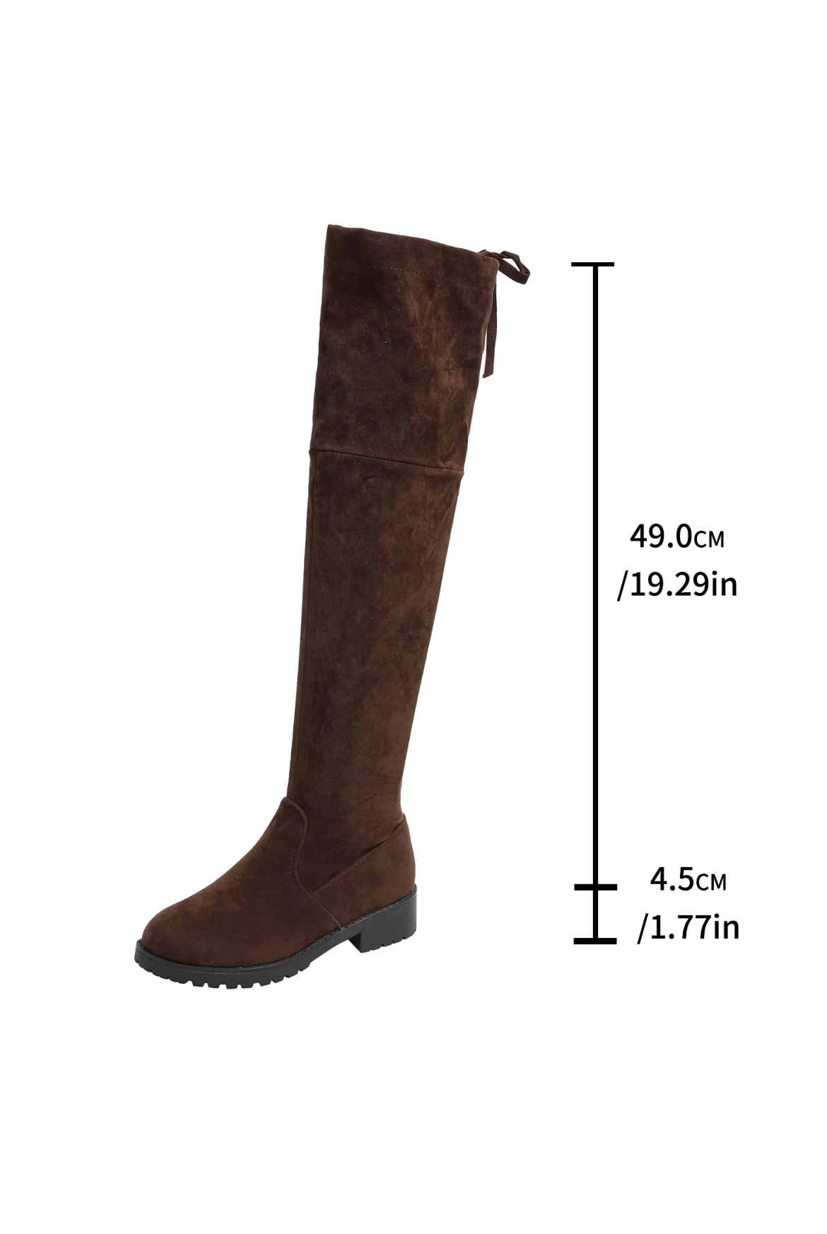 Brown knee-high boot with measurement details on a white background