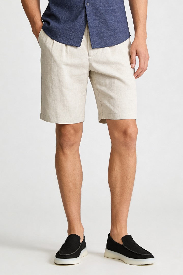 Men’s soft sand pleated linen shorts in breathable lyocell linen blend with tailored summer fit front view