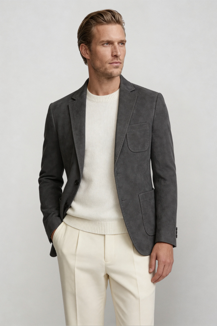 mens suede touch blazer charcoal smart casual blazer front view