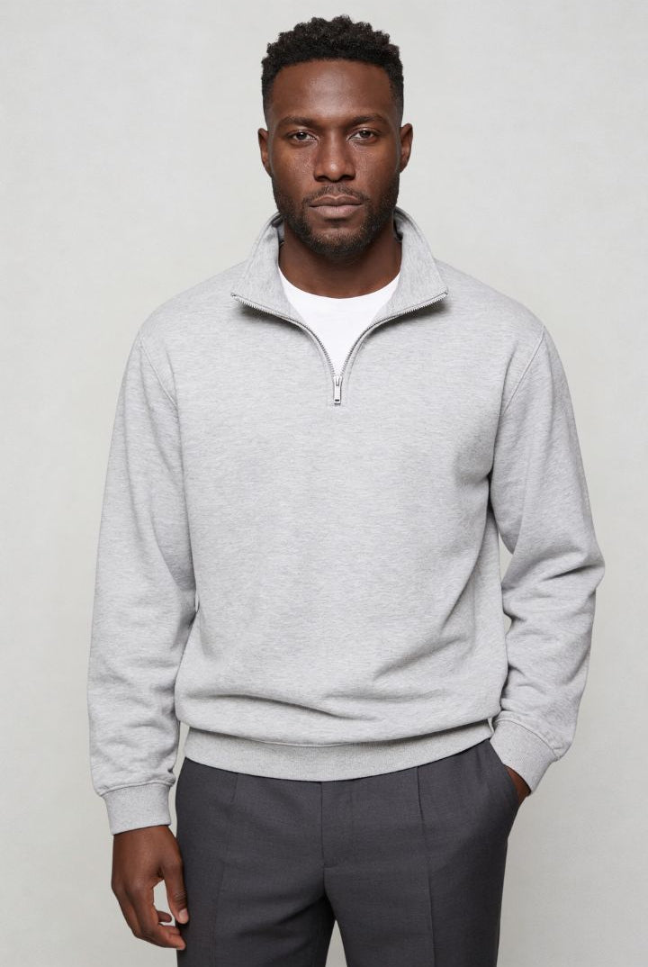 Lavencio Men’s navy quarter zip cotton sweater with tailored slim fit and metal zipper detail