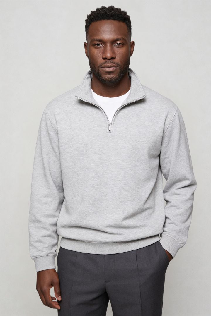 Lavencio Men’s navy quarter zip cotton sweater with tailored slim fit and metal zipper detail