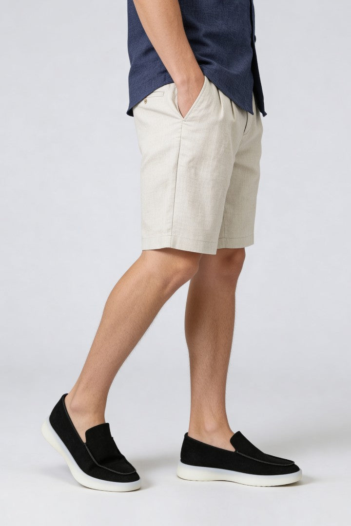 Men’s soft sand pleated linen shorts in breathable lyocell linen blend with tailored summer fit side view