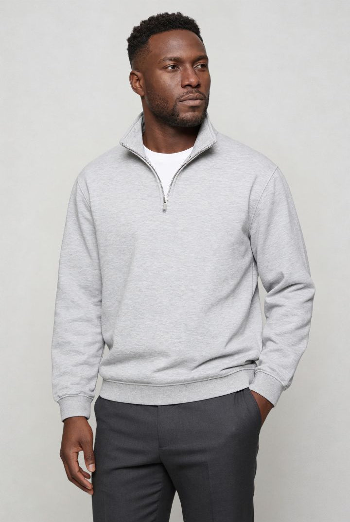 Men’s navy quarter zip cotton sweater with tailored slim fit and metal zipper detail gray