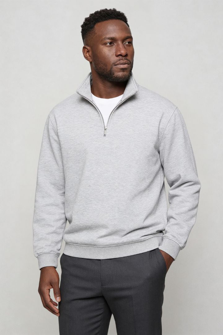 Men’s navy quarter zip cotton sweater with tailored slim fit and metal zipper detail gray