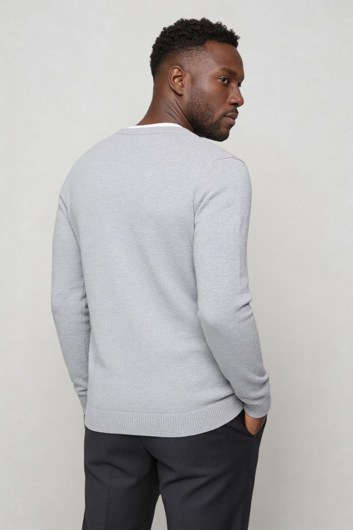 men’s light gray wool V-neck cardigan back view