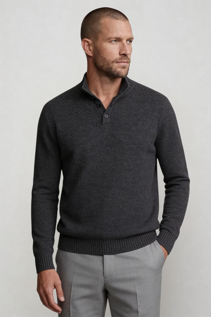 Men’s pure wool sweater tailored button neck knit gray Lavencio