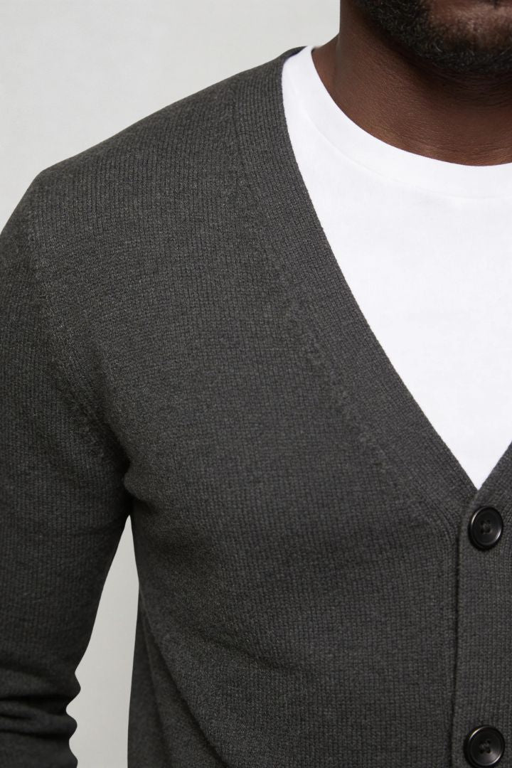 men’s grey pure wool V-neck cardigan close-up