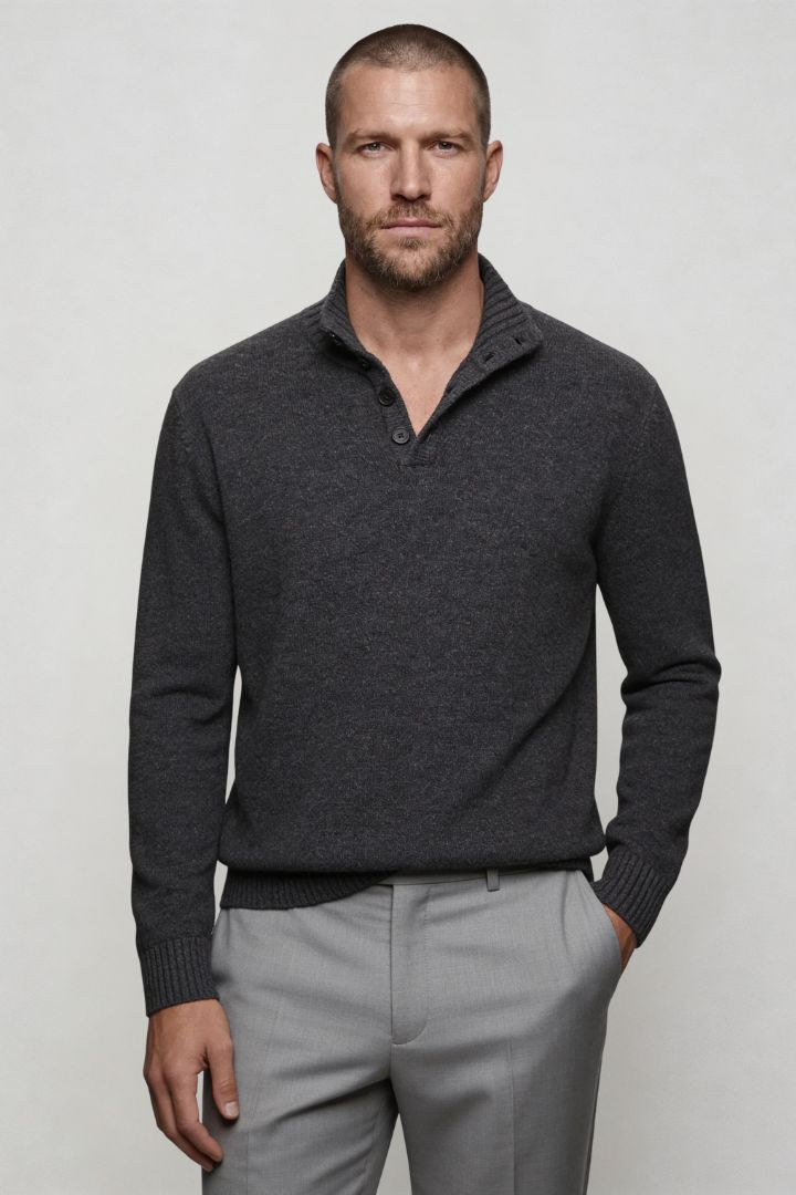 Men’s pure wool sweater tailored button neck knit gray