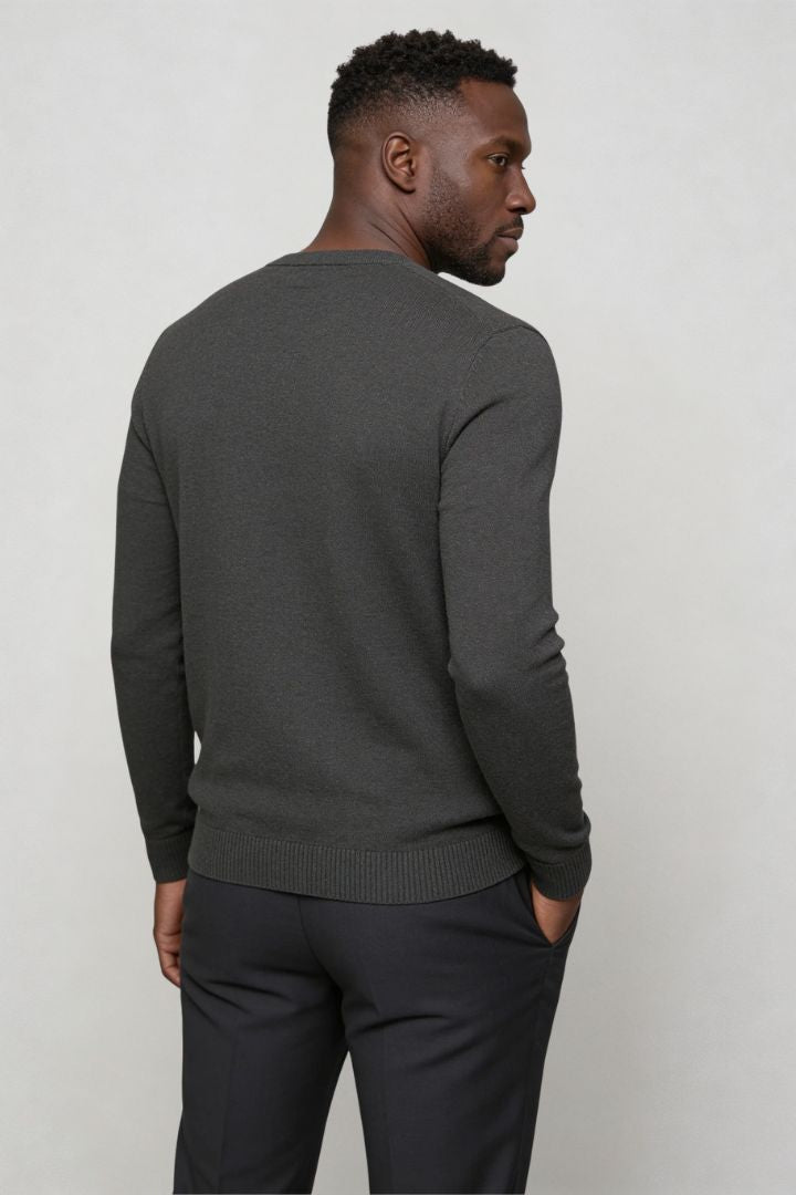 men’s grey pure wool V-neck cardigan back view