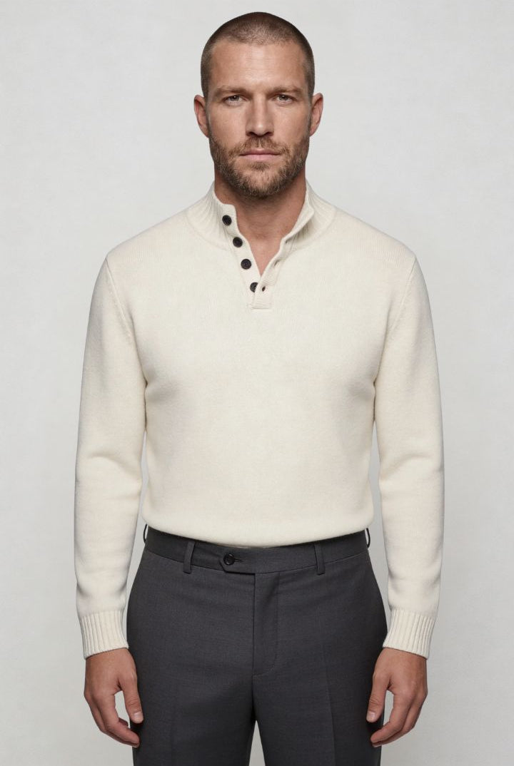 Lavencio Men’s pure wool white sweater tailored button neck knit