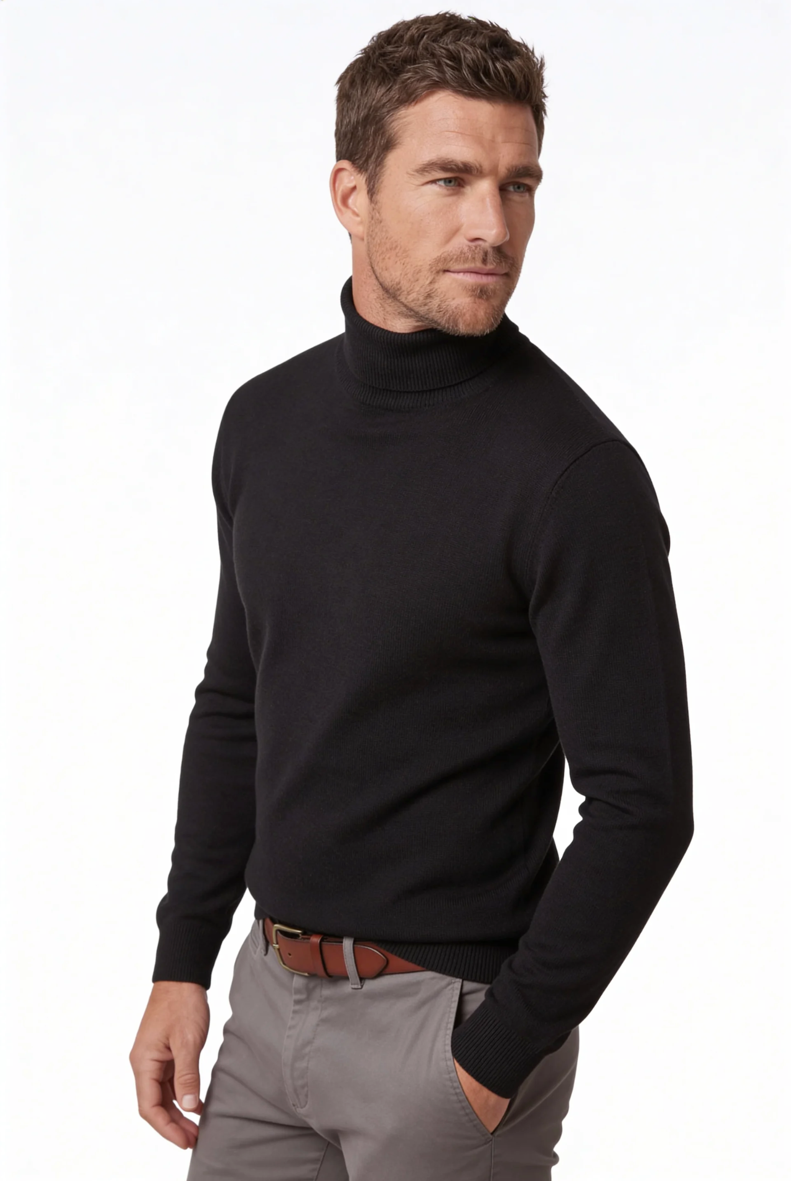 man wearing the premium men’s black merino wool turtleneck sweater from Lavencio