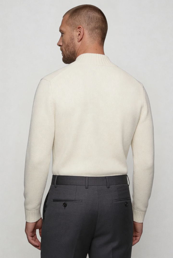 Lavencio Men’s pure wool white sweater tailored button neck knit back